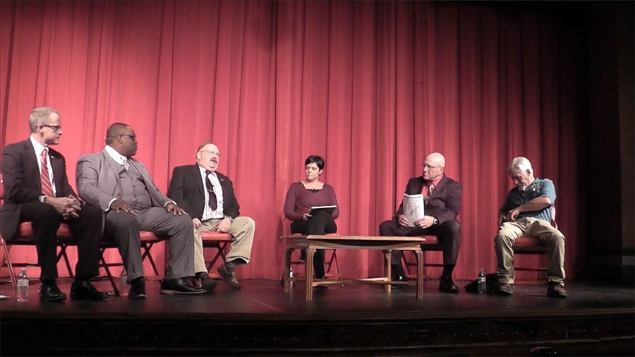 Norwich Mayoral Candidates debating in NFAs Slater Auditorium.