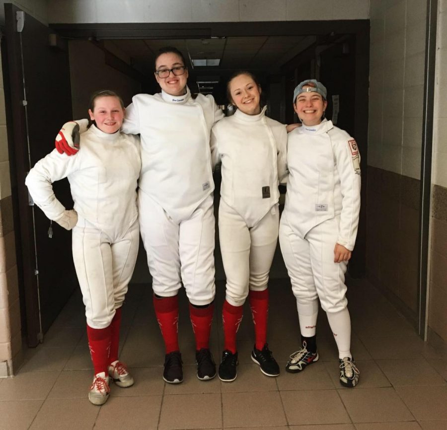 Womens Epee Squad at Team States Competition
From left to right:  Ashlyn Sminkey (upper), Cassandra Zawacki (upper), Phoebe Drupa (senior), Alex Wicken (senior)